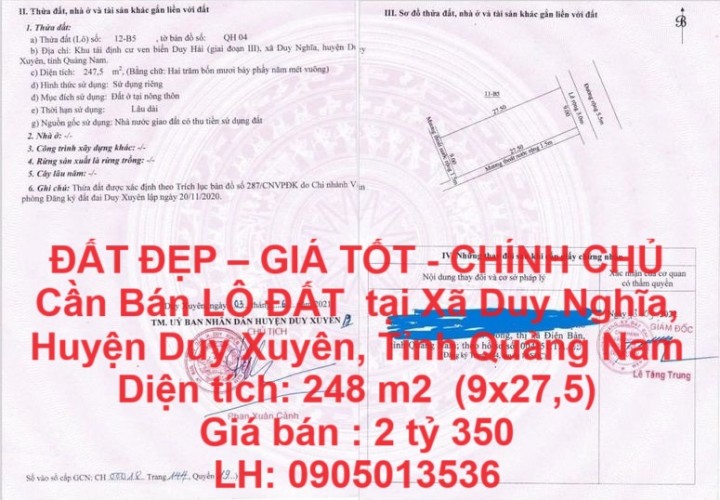 ĐẤT ĐẸP – GIÁ TỐT - CHÍNH CHỦ Cần Bán LÔ ĐẤT  tại Xã Duy Nghĩa, Huyện Duy Xuyên, Tỉnh Quảng Nam