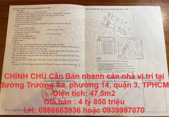 CHÍNH CHỦ Cần Bán nhanh căn nhà vị trí tại đường Trường Sa, phường 14, quận 3, TPHCM