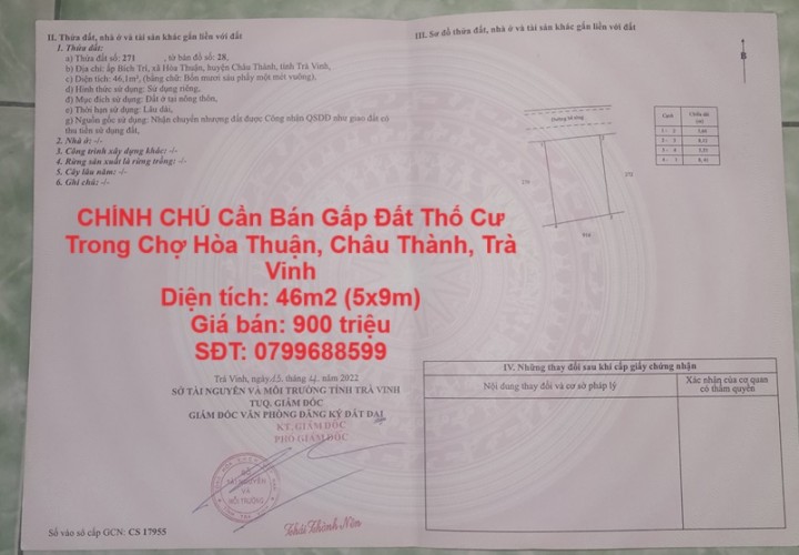 CHÍNH CHỦ Cần Bán Gấp Đất Thổ Cư Trong Chợ Hòa Thuận, Châu Thành, Trà Vinh