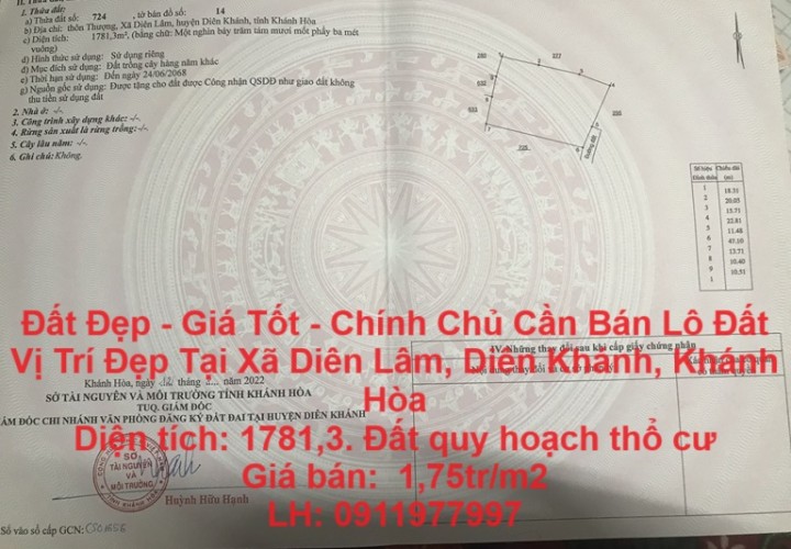 Đất Đẹp - Giá Tốt - Chính Chủ Cần Bán Lô Đất Vị Trí Đẹp Tại Xã Diên Lâm, Diên Khánh, Khánh Hòa