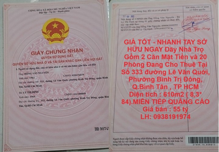 GIÁ TỐT - NHANH TAY SỞ HỮU NGAY Dãy Nhà Trọ Gồm 2 Căn Mặt Tiền và 20 Phòng Đang Cho Thuê Tại Q. Bình Tân , TP HCM