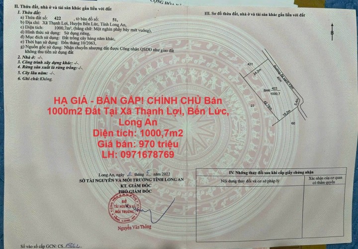 HẠ GIÁ - BÁN GẤP! CHÍNH CHỦ Bán 1000m2 Đất Tại Xã Thạnh Lợi, Bến Lức, Long An