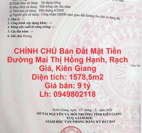 CHÍNH CHỦ BÁN ĐẤT MẶT TIỀN ĐƯỜNG MAI THỊ HỒNG HẠNH, RẠCH GIÁ, KIÊN GIANG