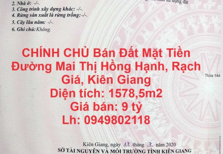 CHÍNH CHỦ Bán Đất Mặt Tiền Đường Mai Thị Hồng Hạnh, Rạch Giá, Kiên Giang