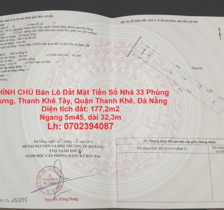 CHÍNH CHỦ Bán Lô Đất Mặt Tiền Số Nhà 33 Phùng Hưng, Thanh Khê Tây, Quận Thanh Khê, Đà Nẵng