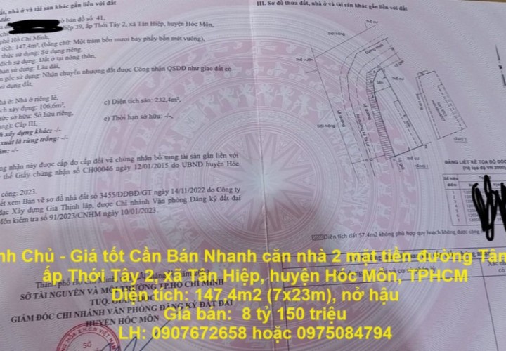 Nhà Chính Chủ - Giá tốt Cần Bán Nhanh căn nhà 2 mặt tiền đường Tân Hiệp 39- 40 huyện Hóc Môn, TPHCM