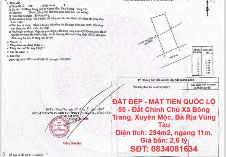 ĐẤT ĐẸP - MẶT TIỀN QUỐC LỘ 55 - Đất Chính Chủ Xã  Bông Trang, Xuyên Mộc, Bà Rịa Vũng Tàu