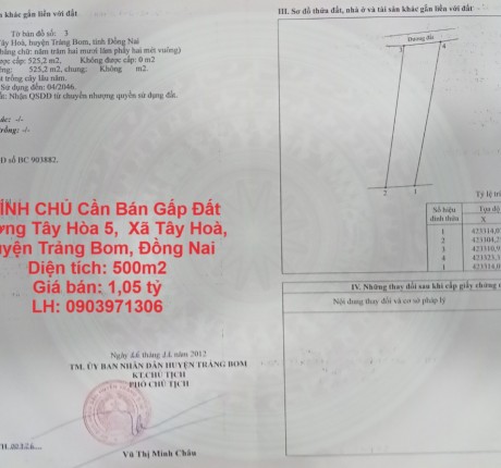 CHÍNH CHỦ Cần Bán Gấp Đất Đường Tây Hòa 5, Xã Tây Hoà, Huyện Trảng Bom, Đồng Nai