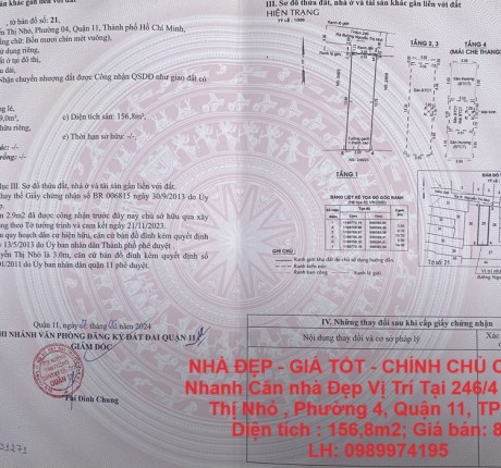 NHÀ ĐẸP - GIÁ TỐT - CHÍNH CHỦ Cần Bán Nhanh Căn nhà Đẹp Vị Trí Tại Quận 11, TP HCM