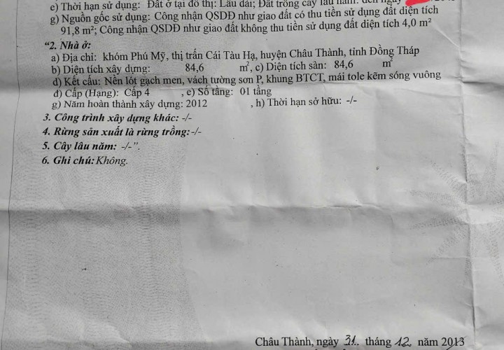 CHÍNH CHỦ Bán Gấp Nhà Mặt Tiền Quốc Lộ 80 Tại TT Cái Tàu Hạ, Châu Thành, Đồng Tháp