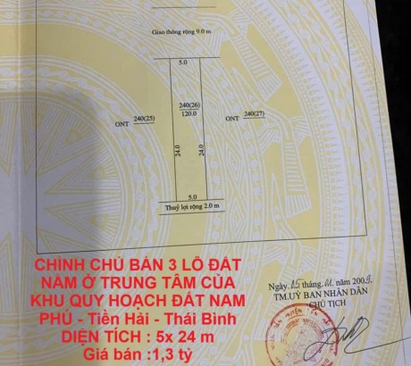 CHÍNH CHỦ BÁN 3 LÔ ĐẤT NẰM Ở TRUNG TÂM CỦA KHU QUY HOẠCH ĐẤT NAM PHÚ - Tiền Hải - Thái Bình