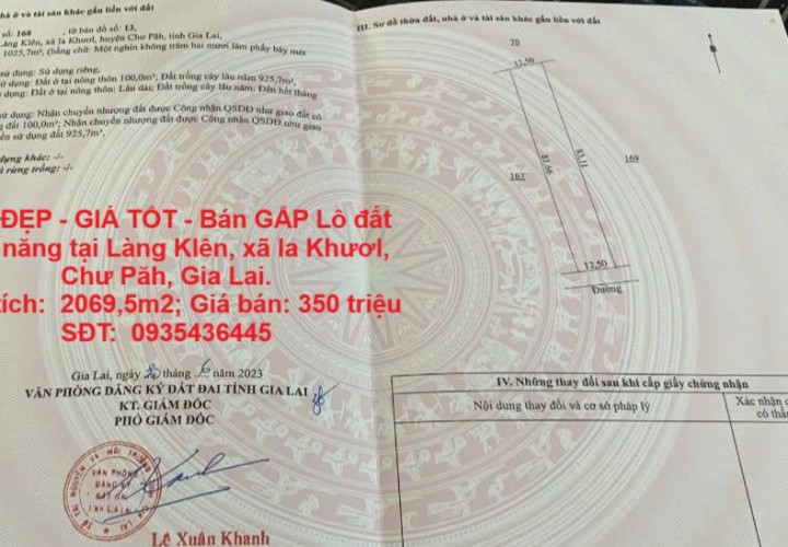 ĐẤT ĐẸP - GIÁ TỐT - Bán GẤP Lô đất tiềm năng tại Làng Klên, xã Ia Khươl, Chư Păh, Gia Lai.
