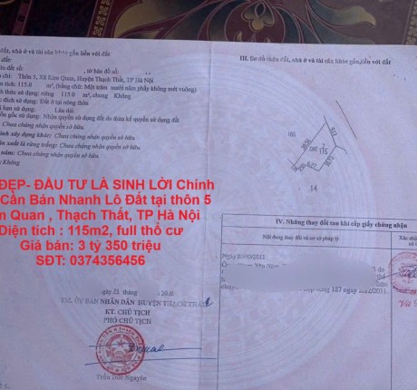 ĐẤT ĐẸP- ĐẦU TƯ LÀ SINH LỜI Chính Chủ Cần Bán Nhanh Lô Đất tại Kim Quan, Thạch Thất, TP Hà Nội