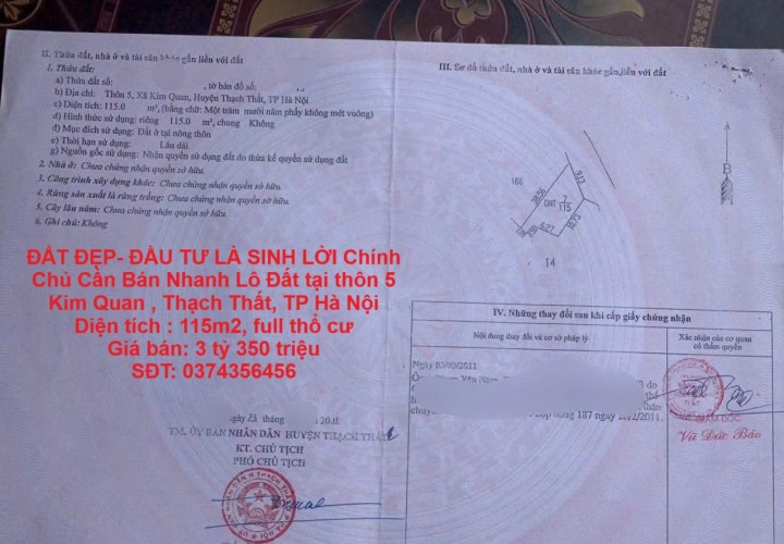 ĐẤT ĐẸP- ĐẦU TƯ LÀ SINH LỜI Chính Chủ Cần Bán Nhanh Lô Đất tại Kim Quan, Thạch Thất, TP Hà Nội