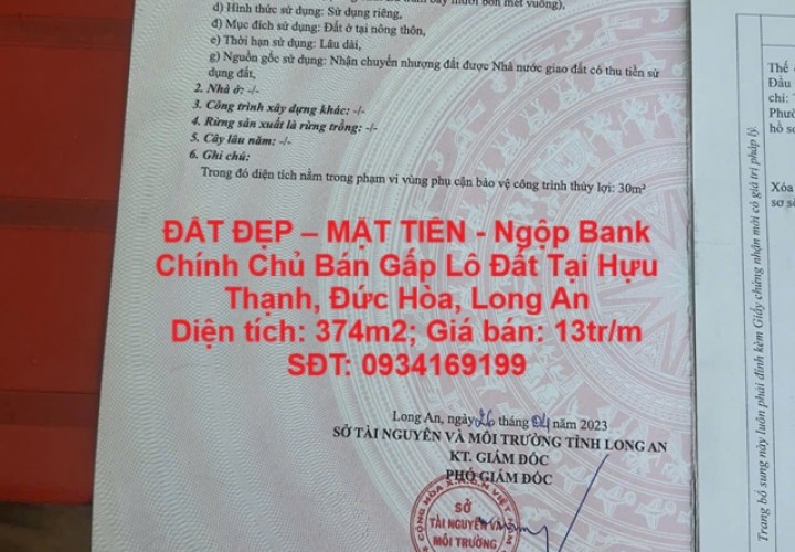 ĐẤT ĐẸP – MẶT TIỀN - Ngộp Bank Chính Chủ Bán Gấp Lô Đất Tại Hựu Thạnh, Đức Hòa, Long An