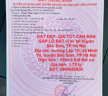 ĐẤT ĐẸP- GIÁ TỐT CẦN BÁN GẤP LÔ ĐẤT vị trí tại huyện Sóc Sơn, TP Hà Nội