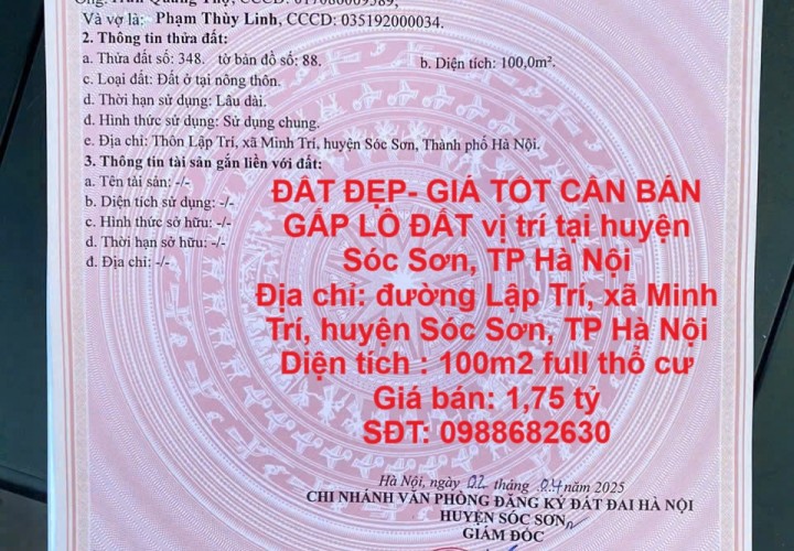 ĐẤT ĐẸP- GIÁ TỐT CẦN BÁN GẤP LÔ ĐẤT vị trí tại huyện Sóc Sơn, TP Hà Nội