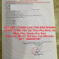 ĐẤT ĐẸP – CHÍNH CHỦ CẦN BÁN NHANH LÔ ĐẤT 2 Mặt Tiền Tại SÓC SƠN, Thành Phố HÀ NỘI