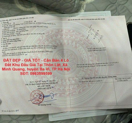 ĐẤT ĐẸP - GIÁ TỐT - Cần Bán 4 Lô Đất Khu Đấu Giá Tại Thôn Lặt, Xã Minh Quang, huyện Ba Vì, TP Hà Nội