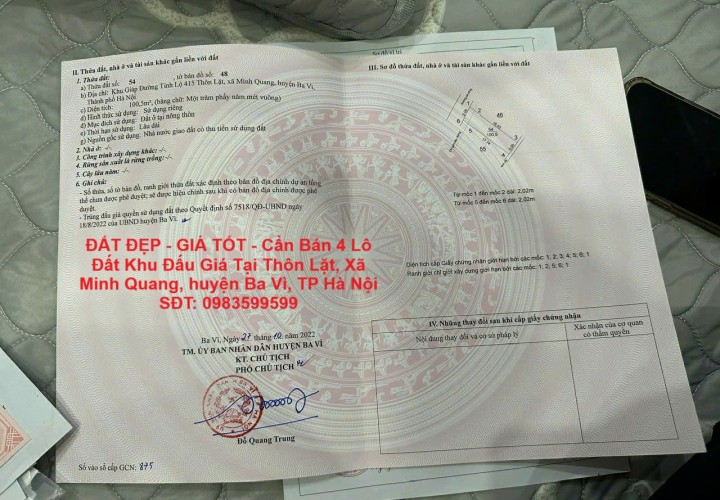 ĐẤT ĐẸP - GIÁ TỐT - Cần Bán 4 Lô Đất Khu Đấu Giá Tại Thôn Lặt, Xã Minh Quang, huyện Ba Vì, TP Hà Nội