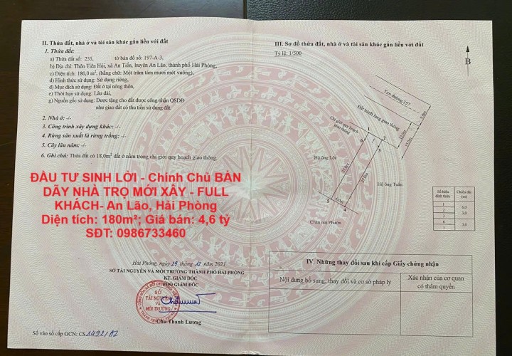 ĐẦU TƯ SINH LỜI - Chính Chủ BÁN DÃY NHÀ TRỌ MỚI XÂY - FULL KHÁCH- An Lão, Hải Phòng