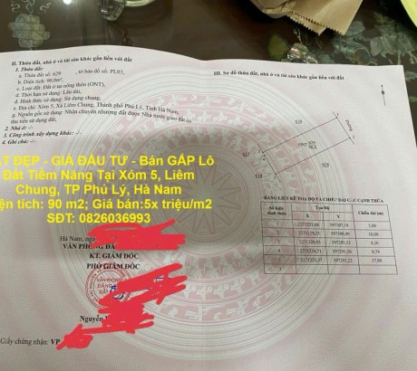 ĐẤT ĐẸP - GIÁ ĐẦU TƯ - Bán GẤP Lô Đất Tiềm Năng Tại Xóm 5, Liêm Chung, TP Phủ Lý, Hà Nam