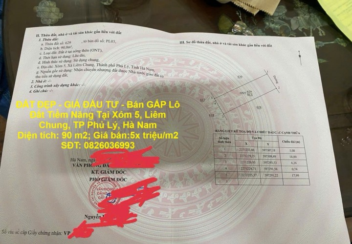 ĐẤT ĐẸP - GIÁ ĐẦU TƯ - Bán GẤP Lô Đất Tiềm Năng Tại Xóm 5, Liêm Chung, TP Phủ Lý, Hà Nam