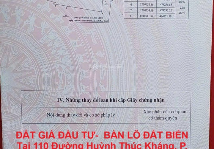 ĐẤT GIÁ ĐẦU TƯ-  BÁN LÔ ĐẤT BIỂN Tại 110 Đường Huỳnh Thúc Kháng, P. Hàm Tiến, Phan Thiết, Bình Thuận