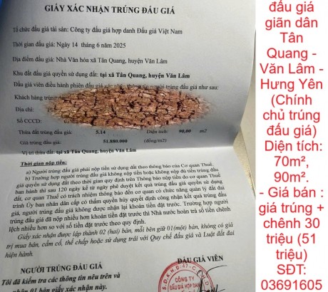 Bán đất đấu giá giãn dân Tân Quang - Văn Lâm - Hưng Yên (Chính chủ trúng đấu giá)