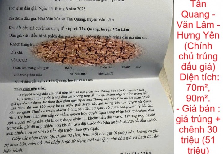 Bán đất đấu giá giãn dân Tân Quang - Văn Lâm - Hưng Yên (Chính chủ trúng đấu giá)