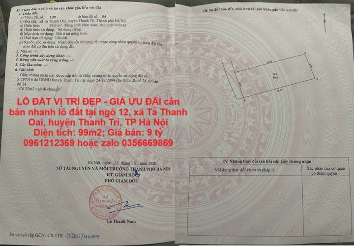 LÔ ĐẤT VỊ TRÍ ĐẸP - GIÁ ƯU ĐÃI cần bán nhanh lô đất tại huyện Thanh Trì, TP Hà Nội