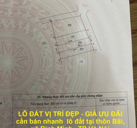 LÔ ĐẤT VỊ TRÍ ĐẸP - GIÁ ƯU ĐÃI cần bán nhanh lô đất tại xã Bình Minh, TP Hà Nội