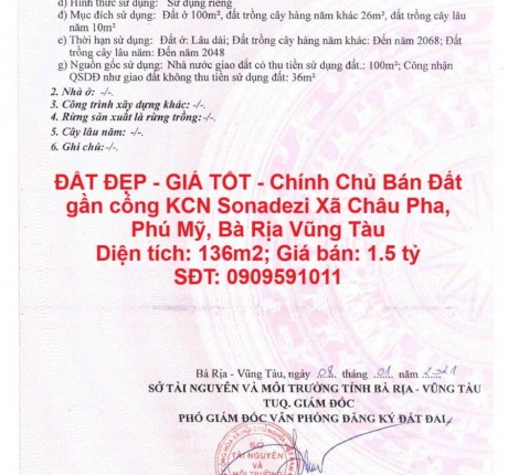 ĐẤT ĐẸP - GIÁ TỐT - Chính Chủ Bán Đất gần cổng KCN Sonadezi Châu Đức, điểm đầu Vành Đai 4.