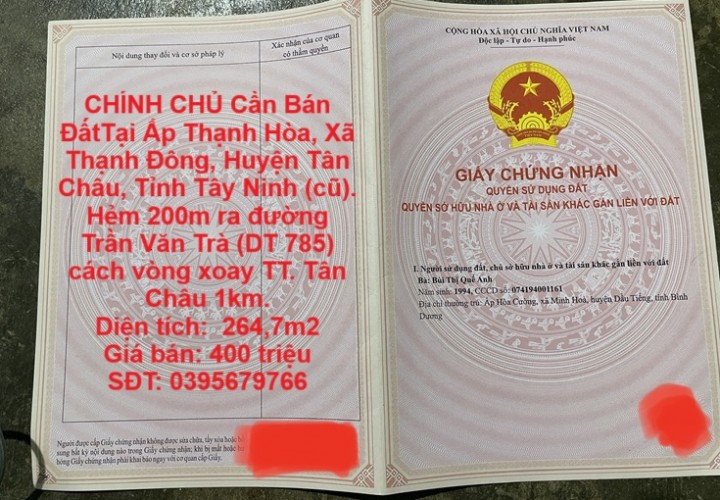 CHÍNH CHỦ Cần Bán ĐấtTại Ấp Thạnh Hòa, Xã Thạnh Đông, Huyện Tân Châu, Tỉnh Tây Ninh (cũ).