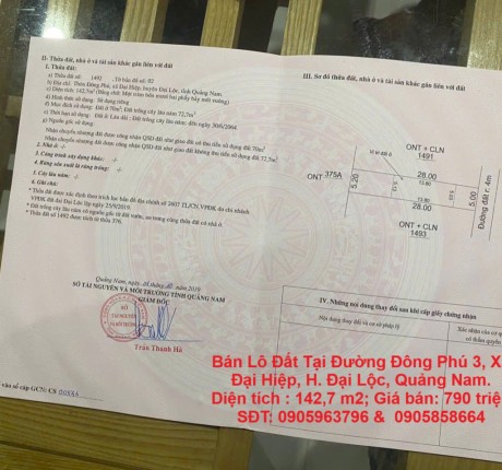 HOT ! HOT ! HOT ! CHÍNH CHỦ CẦN Bán Lô Đất Tại Đường Đông Phú 3, Xã Đại Hiệp, H. Đại Lộc, Quảng Nam.