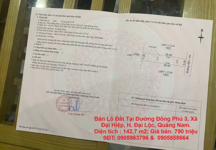 HOT ! HOT ! HOT ! CHÍNH CHỦ CẦN Bán Lô Đất Tại Đường Đông Phú 3, Xã Đại Hiệp, H. Đại Lộc, Quảng Nam.
