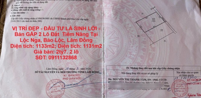 VỊ TRÍ ĐẸP - ĐẦU TƯ LÀ SINH LỜI - Bán GẤP 2 Lô Đất thửa 323 và 324 Tiềm Năng Tại Lộc Nga, Bảo Lộc, Lâm Đồng