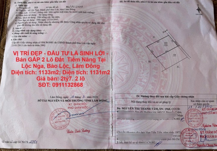 VỊ TRÍ ĐẸP - ĐẦU TƯ LÀ SINH LỜI - Bán GẤP 2 Lô Đất thửa 323 và 324 Tiềm Năng Tại Lộc Nga, Bảo Lộc, Lâm Đồng