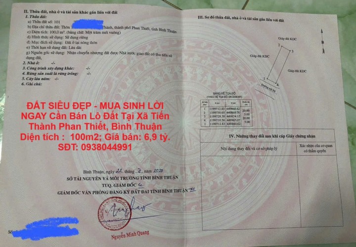 ĐẤT SIÊU ĐẸP - MUA SINH LỜI NGAY Cần Bán Lô Đất Tại Xã Tiến Thành Phan Thiết, Bình Thuận