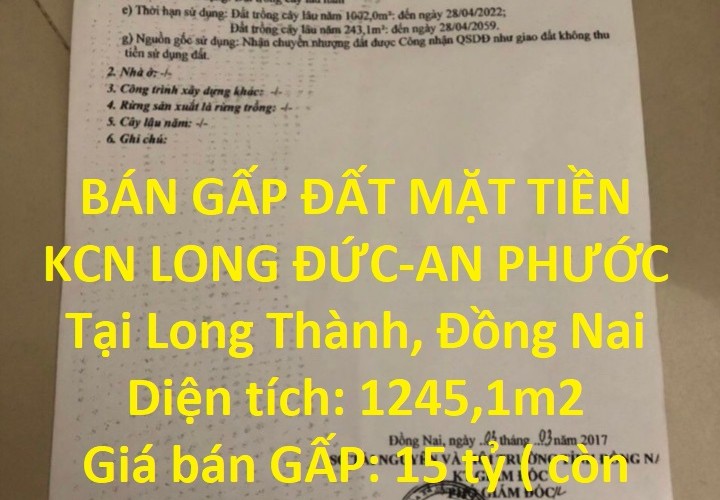 BÁN GẤP ĐẤT MẶT TIỀN KCN LONG ĐỨC-AN PHƯỚC Tại Long Thành, Đồng Nai