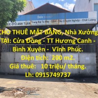 CHO THUÊ MẶT BẰNG, Nhà Xưởng TẠI: Cửa Đồng - TT Hương Canh -  Bình Xuyên -  Vĩnh Phúc.
