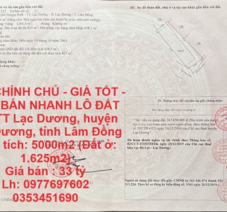 ĐẤT CHÍNH CHỦ - GIÁ TỐT - CẦN BÁN NHANH LÔ ĐẤT TẠI TT Lạc Dương, huyện Lạc Dương, tỉnh Lâm Đồng