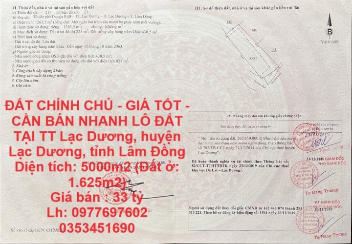 ĐẤT CHÍNH CHỦ - GIÁ TỐT - CẦN BÁN NHANH LÔ ĐẤT  TẠI TT Lạc Dương, huyện Lạc Dương, tỉnh Lâm Đồng