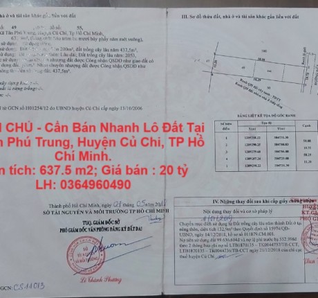 CHÍNH CHỦ - Cần Bán Nhanh Lô Đất Tại Xã Tân Phú Trung, Huyện Củ Chi, TP Hồ Chí Minh.