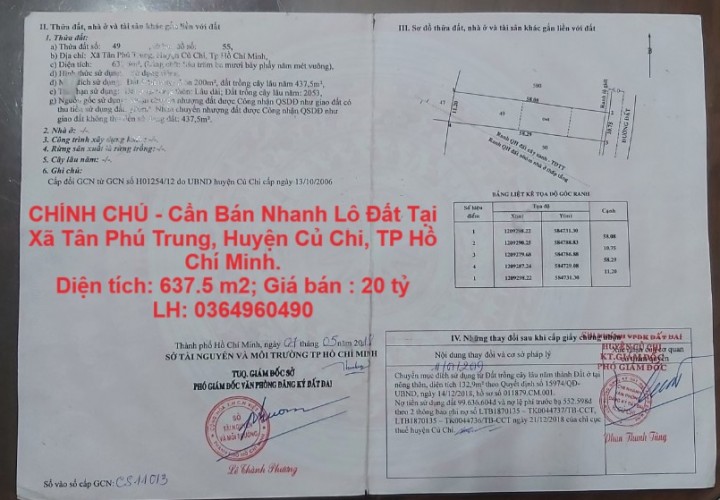 CHÍNH CHỦ - Cần Bán Nhanh Lô Đất Tại Xã Tân Phú Trung, Huyện Củ Chi, TP Hồ Chí Minh.