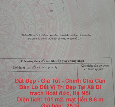 Đất Đẹp - Giá Tốt - Chính Chủ Cần Bán Lô Đất Vị Trí Đẹp Tại Xã Di trạch Hoài đức, Hà Nội