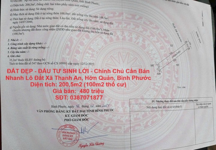 ĐẤT ĐẸP - ĐẦU TƯ SINH LỜI - Chính Chủ Cần Bán Nhanh Lô Đất Xã Thanh An, Hớn Quản, Bình Phước