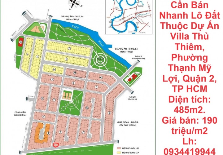 Chính Chủ Cần Bán Nhanh Lô Đất Thuộc Dự Án Villa Thủ Thiêm, Phường Thạnh Mỹ Lợi, Quận 2, TP HCM