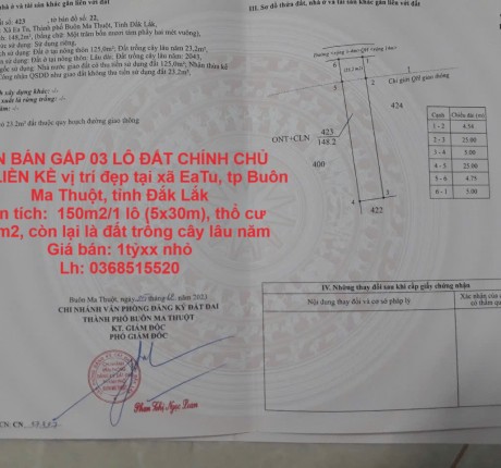 CẦN BÁN GẤP 03 LÔ ĐẤT CHÍNH CHỦ NẰM LIỀN KỀ vị trí đẹp tại tp Buôn Ma Thuột, tỉnh Đắk Lắk