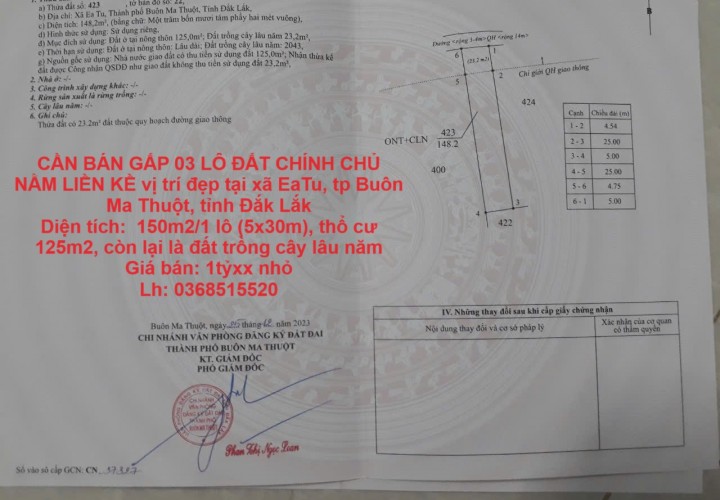 CẦN BÁN GẤP 03 LÔ ĐẤT CHÍNH CHỦ NẰM LIỀN KỀ vị trí đẹp tại tp Buôn Ma Thuột, tỉnh Đắk Lắk